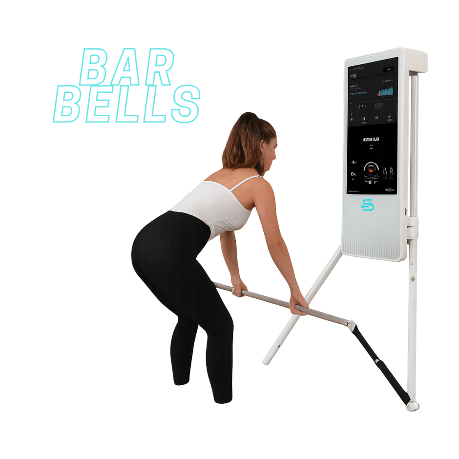 Woman using a fitness machine with 'Bar Bells' 