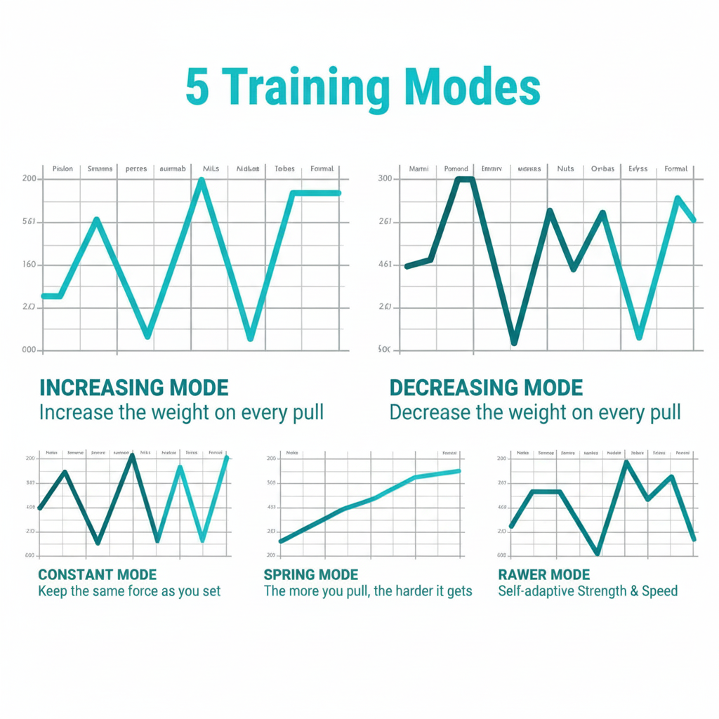 Diagram of 5 training modes with corresponding graphs on a beige background