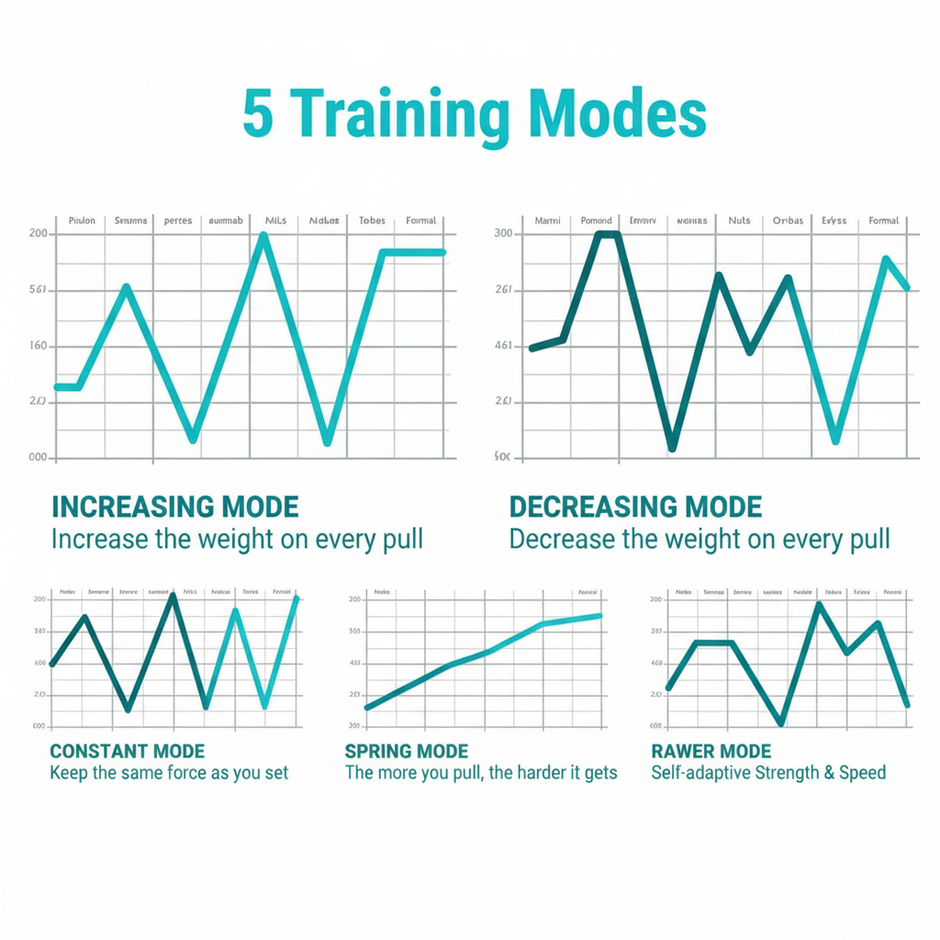 Diagram of 5 training modes with corresponding graphs on a beige background