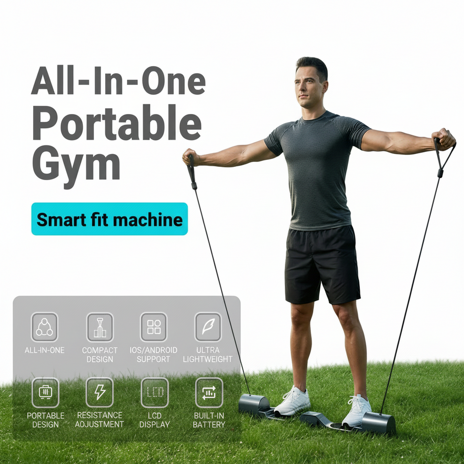 Man using an All-In-One Portable Gym in a park setting with text highlighting features.