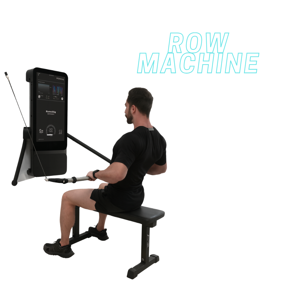 Person using a rowing machine with a digital display 