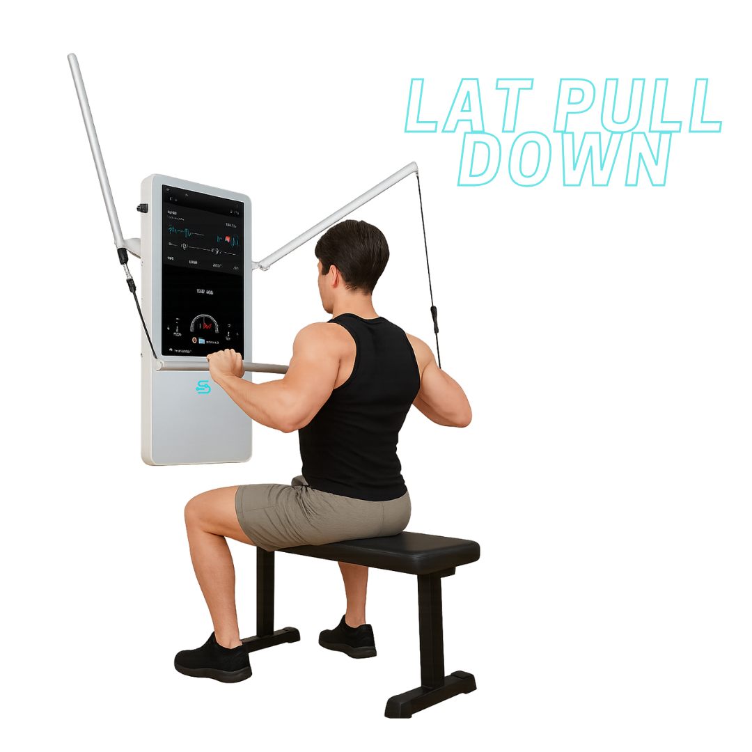 Person using a lat pull down machine with digital display on a white background