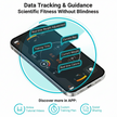Smartphone displaying fitness tracking app with text 'Data Tracking & Guidance Scientific Fitness Without Blindness'.